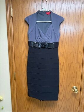 Signature by Sangria Two-Tone Gray and Black Midi Sheath Dress with Belt